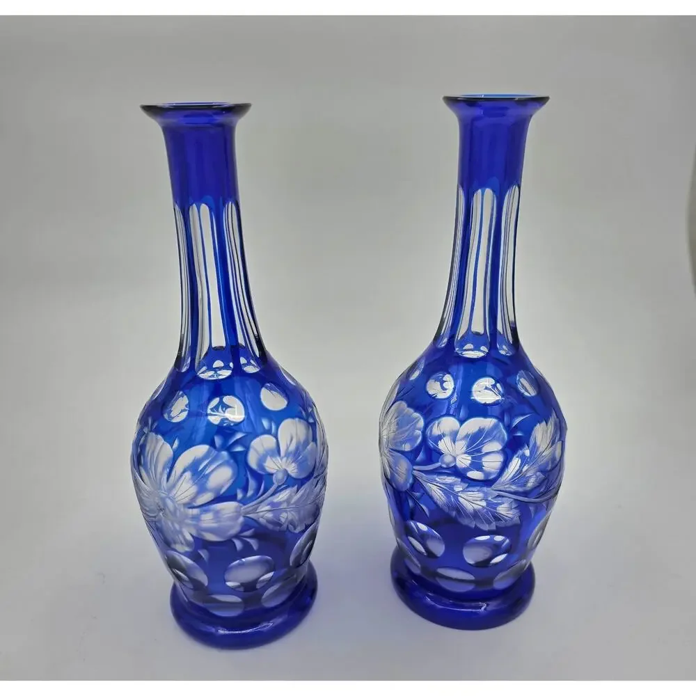Vintage Bohemian Cobalt Blue Cut to Clear Glass Floral Dot Carafes - Pair 10.5